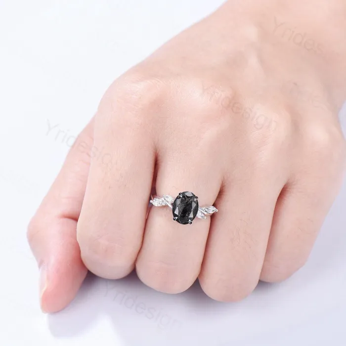 Rings PENFINE Vintage oval salt and pepper diamond engagement ring 14k white gold spilt shank band marquise diamond promise ring anniversary gift for Her Rings PENFINE Vintage oval salt and pepper diamond engagement ring 14k white gold spilt shank band marquise diamond promise ring anniversary gift for Her