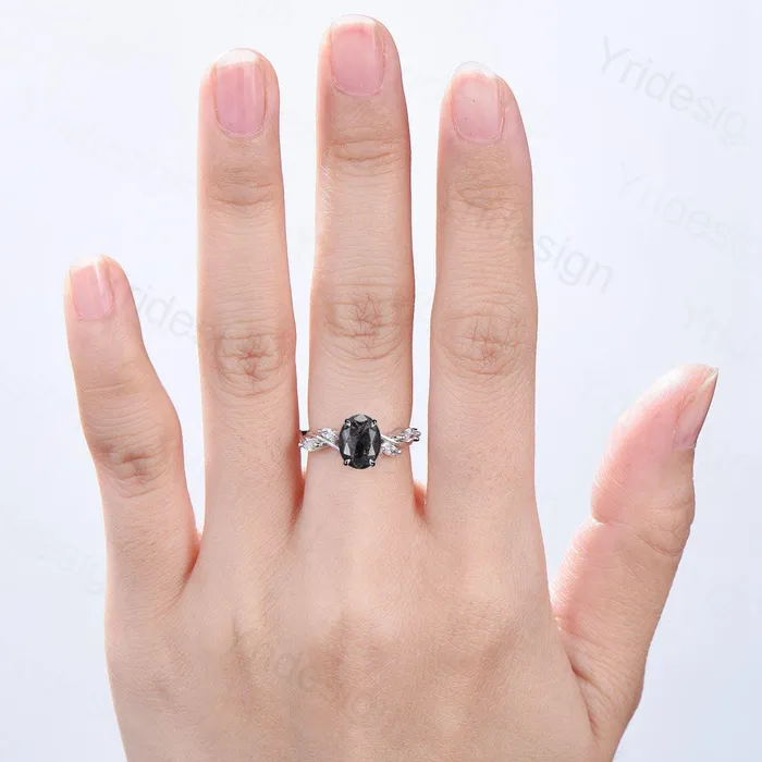 Rings PENFINE Vintage oval salt and pepper diamond engagement ring 14k white gold spilt shank band marquise diamond promise ring anniversary gift for Her Rings PENFINE Vintage oval salt and pepper diamond engagement ring 14k white gold spilt shank band marquise diamond promise ring anniversary gift for Her