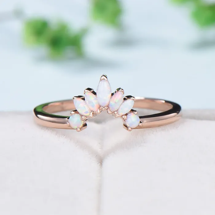 Rings PENFINE Vintage White Opal Wedding Ring Curved V Marquise Cut Fire Opal Wedding Band For Women Rose Gold Opal Stacking Art Deco Anniversary Ring Rings PENFINE Vintage White Opal Wedding Ring Curved V Marquise Cut Fire Opal Wedding Band For Women Rose Gold Opal Stacking Art Deco Anniversary Ring