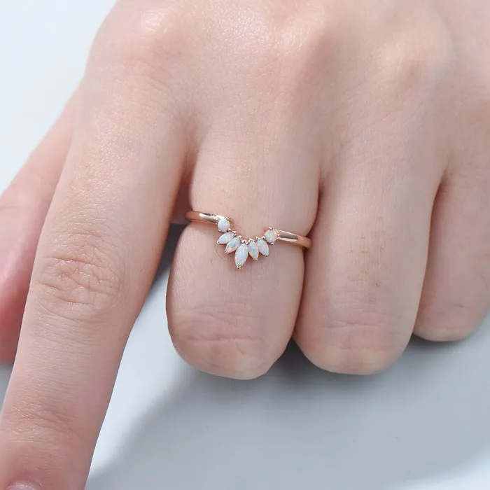 Rings PENFINE Vintage White Opal Wedding Ring Curved V Marquise Cut Fire Opal Wedding Band For Women Rose Gold Opal Stacking Art Deco Anniversary Ring Rings PENFINE Vintage White Opal Wedding Ring Curved V Marquise Cut Fire Opal Wedding Band For Women Rose Gold Opal Stacking Art Deco Anniversary Ring
