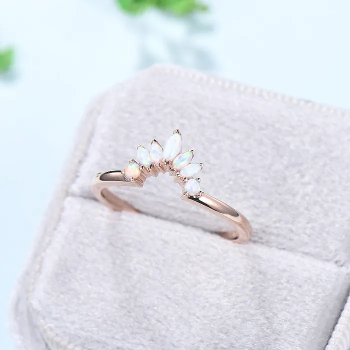 Rings PENFINE Vintage White Opal Wedding Ring Curved V Marquise Cut Fire Opal Wedding Band For Women Rose Gold Opal Stacking Art Deco Anniversary Ring Rings PENFINE Vintage White Opal Wedding Ring Curved V Marquise Cut Fire Opal Wedding Band For Women Rose Gold Opal Stacking Art Deco Anniversary Ring