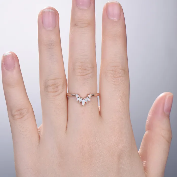 Rings PENFINE Vintage White Opal Wedding Ring Curved V Marquise Cut Fire Opal Wedding Band For Women Rose Gold Opal Stacking Art Deco Anniversary Ring Rings PENFINE Vintage White Opal Wedding Ring Curved V Marquise Cut Fire Opal Wedding Band For Women Rose Gold Opal Stacking Art Deco Anniversary Ring