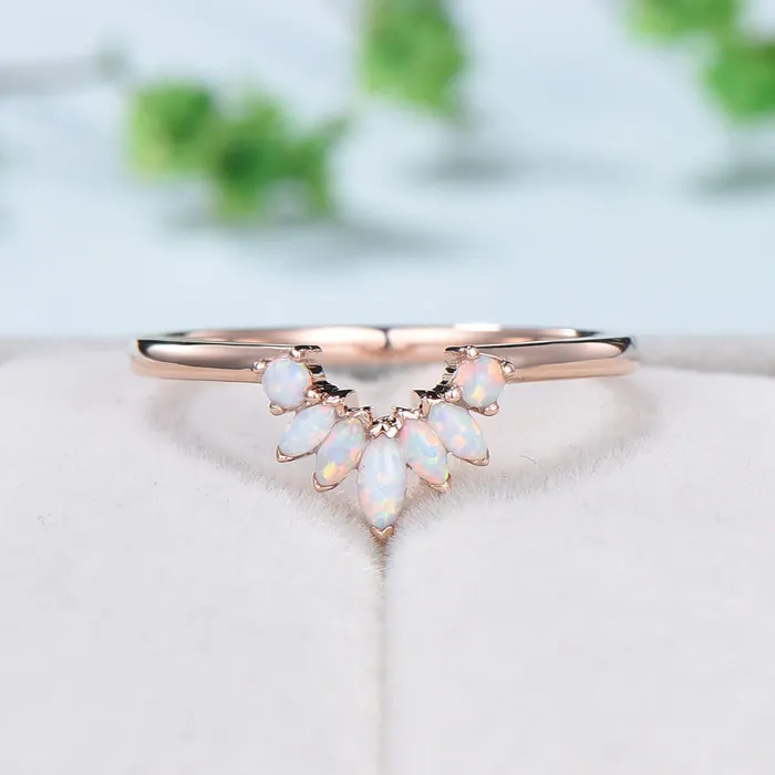 Rings PENFINE Vintage White Opal Wedding Ring Curved V Marquise Cut Fire Opal Wedding Band For Women Rose Gold Opal Stacking Art Deco Anniversary Ring Rings PENFINE Vintage White Opal Wedding Ring Curved V Marquise Cut Fire Opal Wedding Band For Women Rose Gold Opal Stacking Art Deco Anniversary Ring