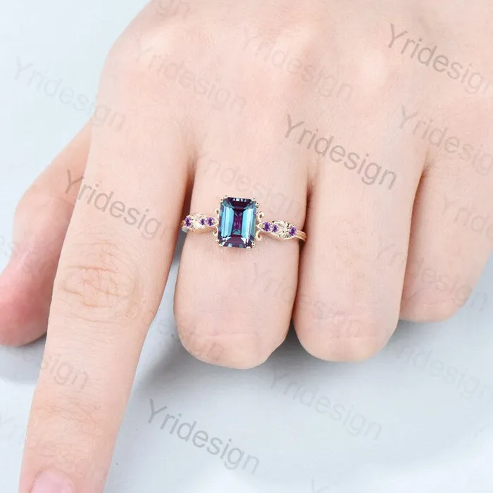 Rings Retro Emerald Cut Alexandrite Engagement Ring Vintage Amethyst Celtic Wedding Ring unique 8 prongs stacking Band Ring Women Anniversary Gift PENFINE Rings Retro Emerald Cut Alexandrite Engagement Ring Vintage Amethyst Celtic Wedding Ring unique 8 prongs stacking Band Ring Women Anniversary Gift PENFINE