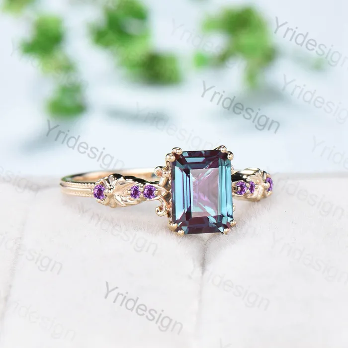 Rings Retro Emerald Cut Alexandrite Engagement Ring Vintage Amethyst Celtic Wedding Ring unique 8 prongs stacking Band Ring Women Anniversary Gift PENFINE Rings Retro Emerald Cut Alexandrite Engagement Ring Vintage Amethyst Celtic Wedding Ring unique 8 prongs stacking Band Ring Women Anniversary Gift PENFINE