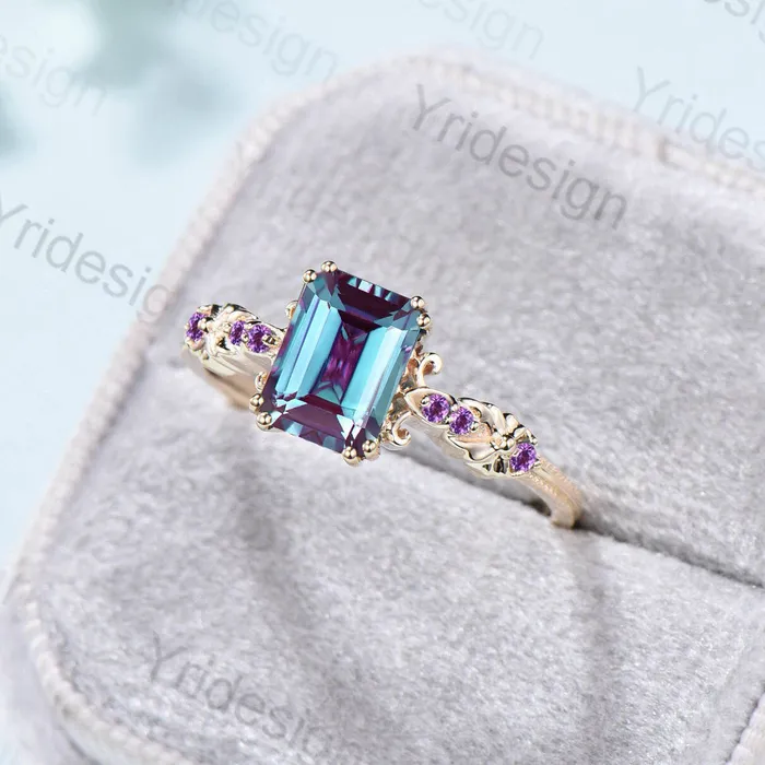 Rings Retro Emerald Cut Alexandrite Engagement Ring Vintage Amethyst Celtic Wedding Ring unique 8 prongs stacking Band Ring Women Anniversary Gift PENFINE Rings Retro Emerald Cut Alexandrite Engagement Ring Vintage Amethyst Celtic Wedding Ring unique 8 prongs stacking Band Ring Women Anniversary Gift PENFINE