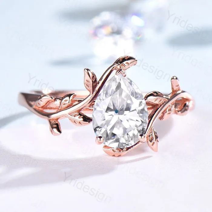 Rings Twig Pear Moissanite Engagement Ring Leaf Vine Style PENFINE