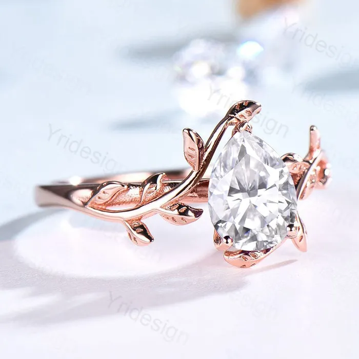 Rings Twig Pear Moissanite Engagement Ring Leaf Vine Style PENFINE