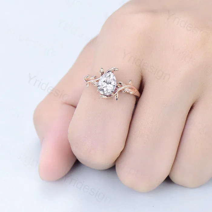 Rings Twig Pear Moissanite Engagement Ring Leaf Vine Style PENFINE