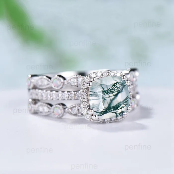 Rings Vintage cushion cut moss agate wedding ring set 14k18k white gold retro halo diamond agate engagement ring Double enhancer opal bridal set PENFINE Rings Vintage cushion cut moss agate wedding ring set 14k18k white gold retro halo diamond agate engagement ring Double enhancer opal bridal set PENFINE