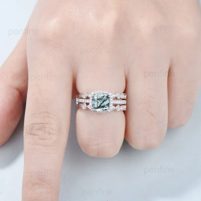 Rings Vintage cushion cut moss agate wedding ring set 14k18k white gold retro halo diamond agate engagement ring Double enhancer opal bridal set PENFINE Rings Vintage cushion cut moss agate wedding ring set 14k18k white gold retro halo diamond agate engagement ring Double enhancer opal bridal set PENFINE