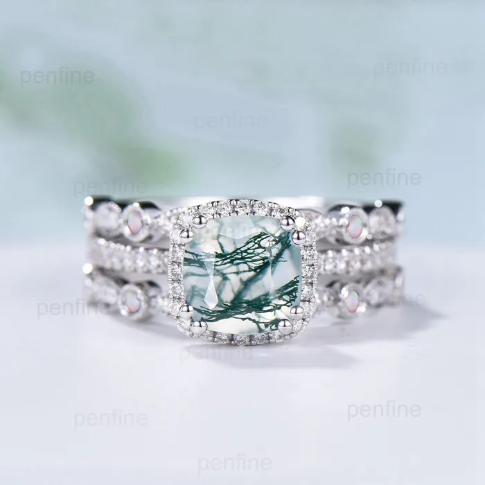 Rings Vintage cushion cut moss agate wedding ring set 14k18k white gold retro halo diamond agate engagement ring Double enhancer opal bridal set PENFINE Rings Vintage cushion cut moss agate wedding ring set 14k18k white gold retro halo diamond agate engagement ring Double enhancer opal bridal set PENFINE