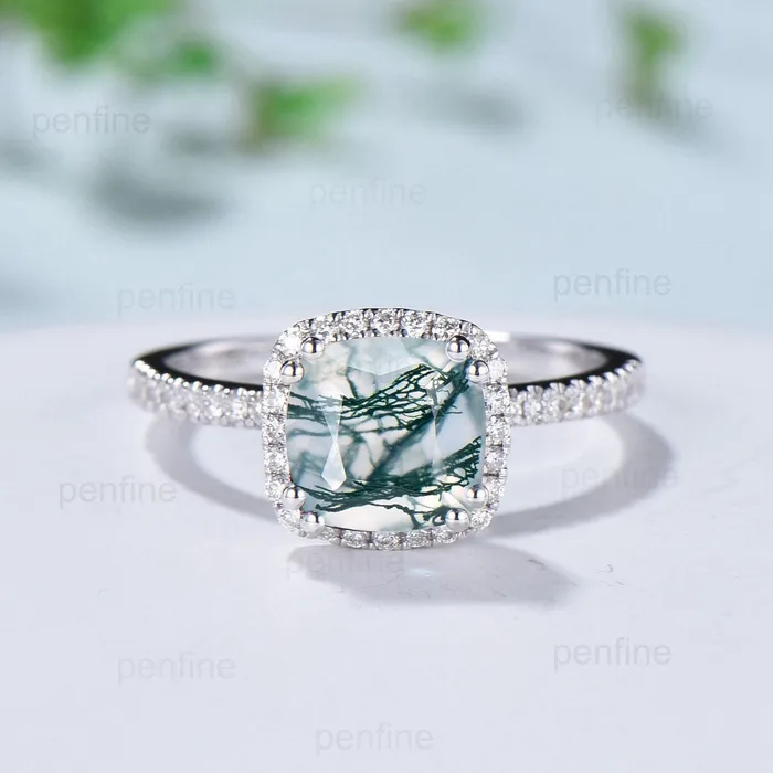 Rings Vintage cushion cut moss agate wedding ring set 14k18k white gold retro halo diamond agate engagement ring Double enhancer opal bridal set PENFINE Rings Vintage cushion cut moss agate wedding ring set 14k18k white gold retro halo diamond agate engagement ring Double enhancer opal bridal set PENFINE