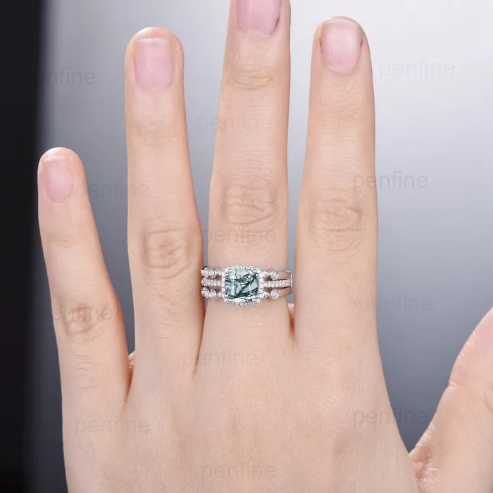 Rings Vintage cushion cut moss agate wedding ring set 14k18k white gold retro halo diamond agate engagement ring Double enhancer opal bridal set PENFINE Rings Vintage cushion cut moss agate wedding ring set 14k18k white gold retro halo diamond agate engagement ring Double enhancer opal bridal set PENFINE