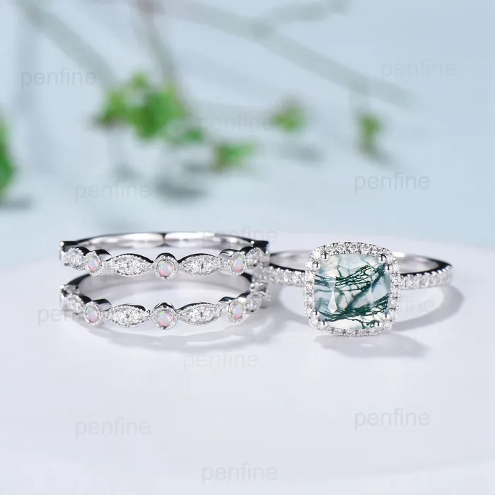 Rings Vintage cushion cut moss agate wedding ring set 14k18k white gold retro halo diamond agate engagement ring Double enhancer opal bridal set PENFINE Rings Vintage cushion cut moss agate wedding ring set 14k18k white gold retro halo diamond agate engagement ring Double enhancer opal bridal set PENFINE