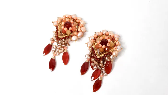 Vintage by Misty Earrings Pearly Intricate Beaded Pink Orange Dangle ClipOn Statement Earrings