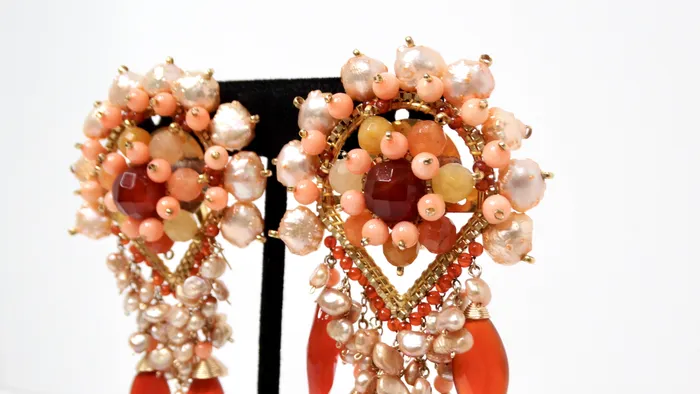 Vintage by Misty Earrings Pearly Intricate Beaded Pink Orange Dangle ClipOn Statement Earrings