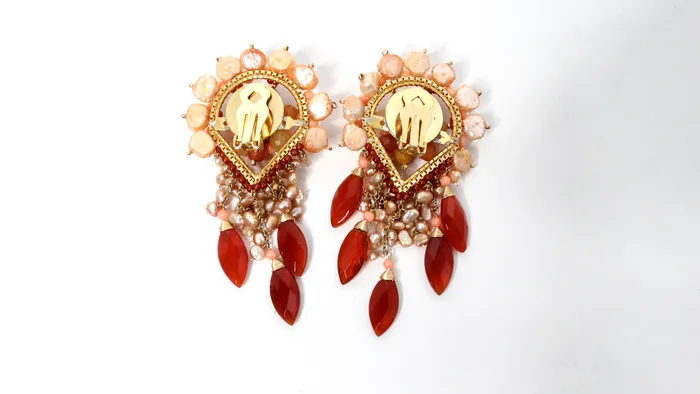 Vintage by Misty Earrings Pearly Intricate Beaded Pink Orange Dangle ClipOn Statement Earrings