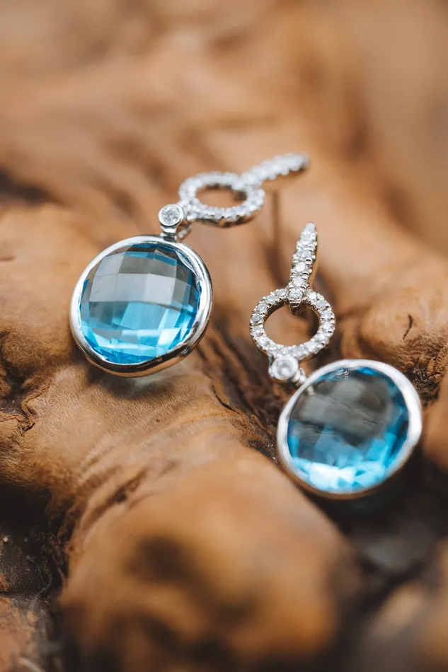14k White Gold Blue Topaz and Diamond Earrings Art FX fine jewelry Earrings