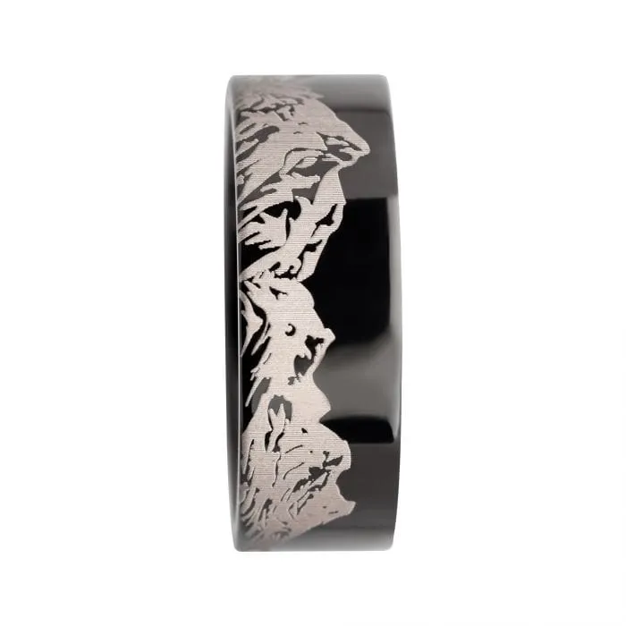 Black and Silver Tone Titanium Mountain Ridge Landscape Design Comfort Fit Ring INOX JEWELRY Rings