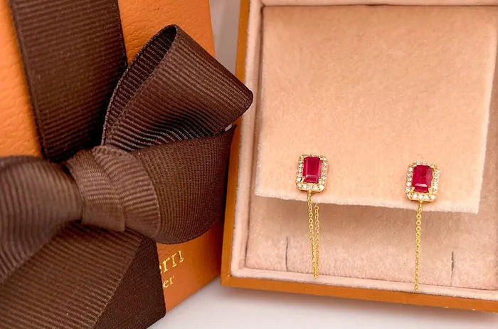 Earrings Albert Hern Earrings 14kt Gold Rubies Studs Chain Diamonds Earrings Albert Hern Earrings 14kt Gold Rubies Studs Chain Diamonds