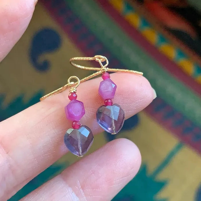 Earrings Love Vintage Paris Fluorite Pink Sapphire and Ruby Earrings Gold Filled Handmade