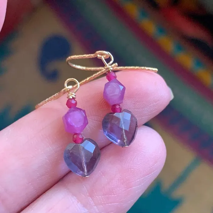Earrings Love Vintage Paris Fluorite Pink Sapphire and Ruby Earrings Gold Filled Handmade