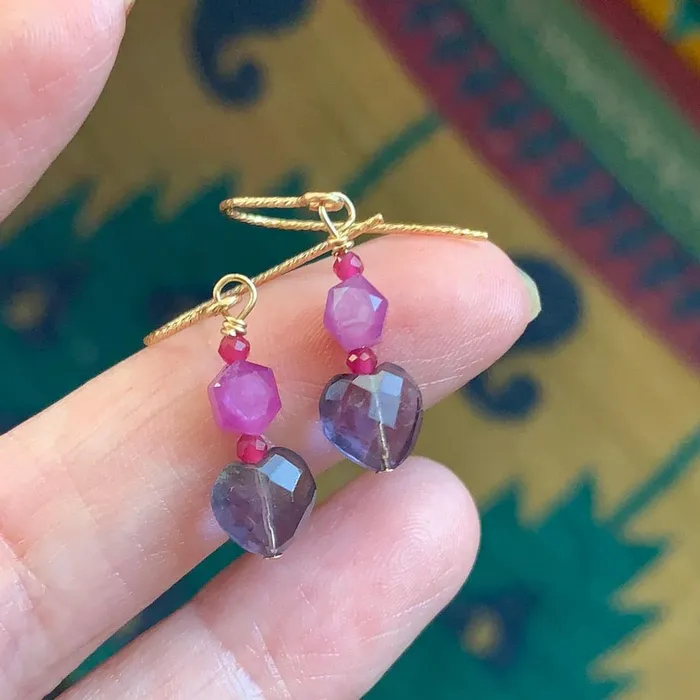 Earrings Love Vintage Paris Fluorite Pink Sapphire and Ruby Earrings Gold Filled Handmade