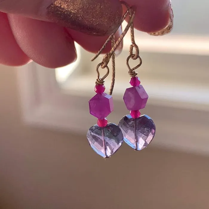 Earrings Love Vintage Paris Fluorite Pink Sapphire and Ruby Earrings Gold Filled Handmade