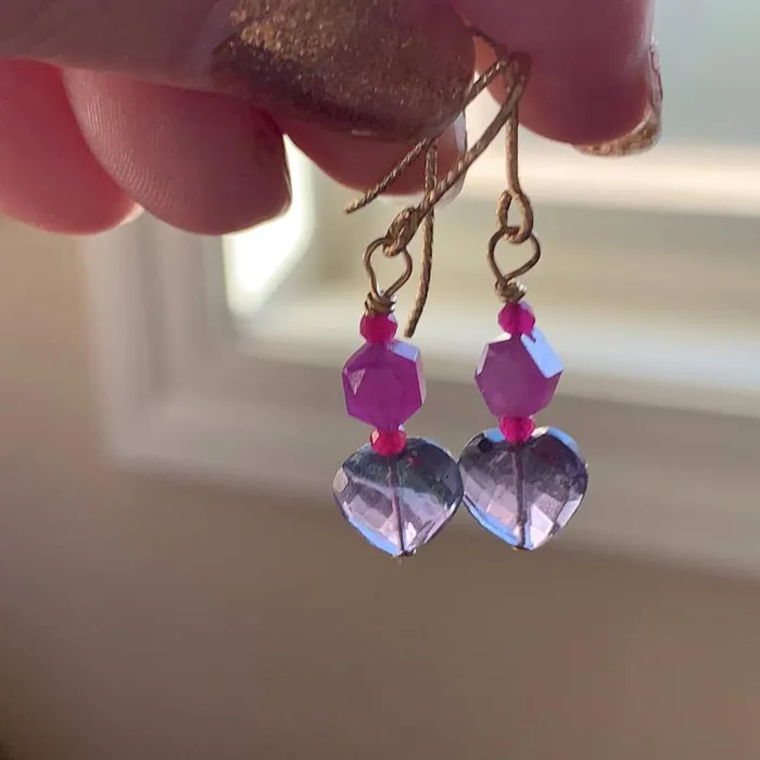 Earrings Love Vintage Paris Fluorite Pink Sapphire and Ruby Earrings Gold Filled Handmade