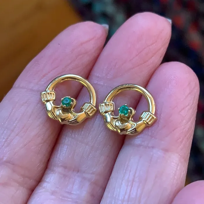 Emerald Claddagh Earrings 14k Gold Vintage Love Vintage Paris Earrings