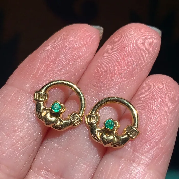 Emerald Claddagh Earrings 14k Gold Vintage Love Vintage Paris Earrings