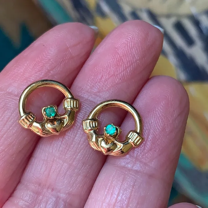 Emerald Claddagh Earrings 14k Gold Vintage Love Vintage Paris Earrings