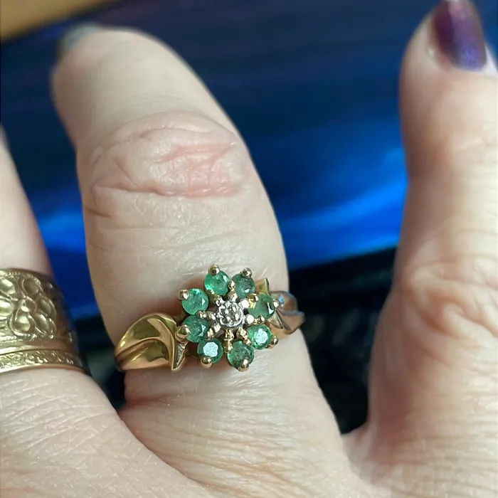 Emerald Diamond Flower Ring 10k Gold Vintage Vintage Paris Jewelry Rings