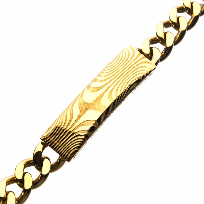 INOX JEWELRY Bracelets 18K Gold Plated Damascus Steel Curb Chain Bracelet