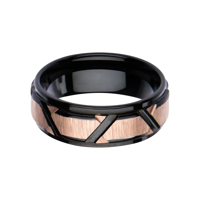 INOX JEWELRY Rings Black and Rose Tone Patterned Design Polished Ring