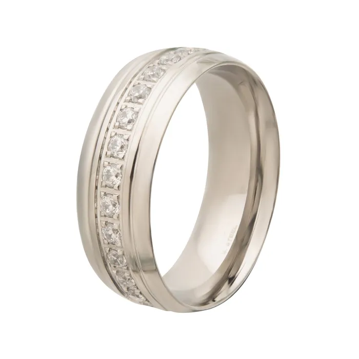 INOX JEWELRY Silver Tone Stainless Steel CZ Eternity Band Ring Rings