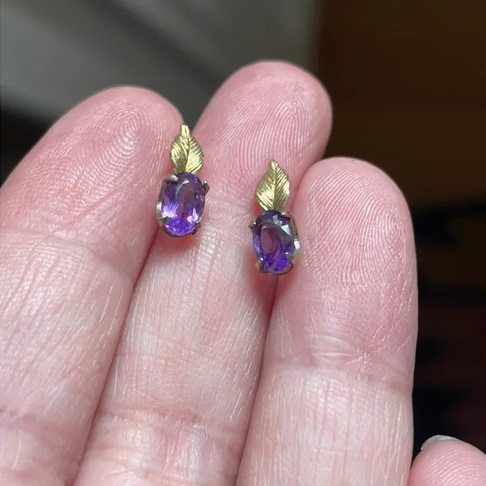 Love Vintage Paris Earrings Amethyst Leaf Earrings 14k Gold Vintage