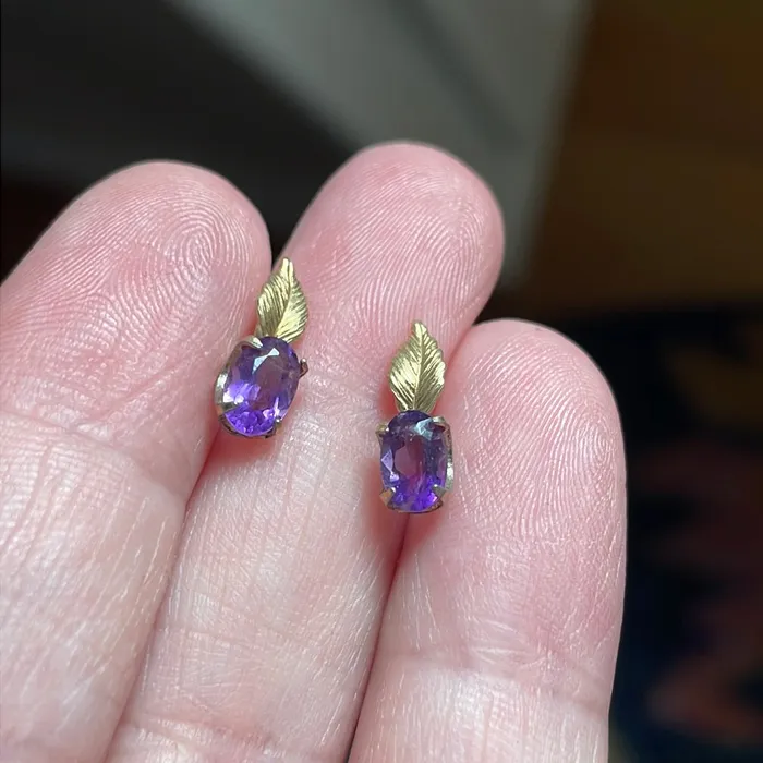 Love Vintage Paris Earrings Amethyst Leaf Earrings 14k Gold Vintage