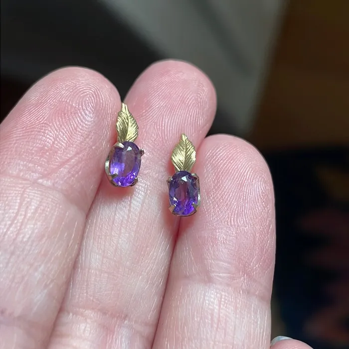 Love Vintage Paris Earrings Amethyst Leaf Earrings 14k Gold Vintage