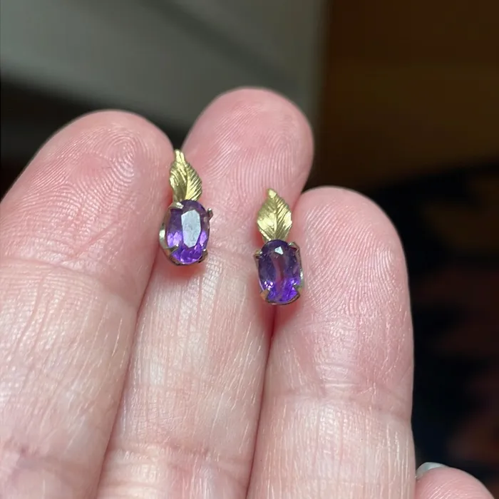 Love Vintage Paris Earrings Amethyst Leaf Earrings 14k Gold Vintage