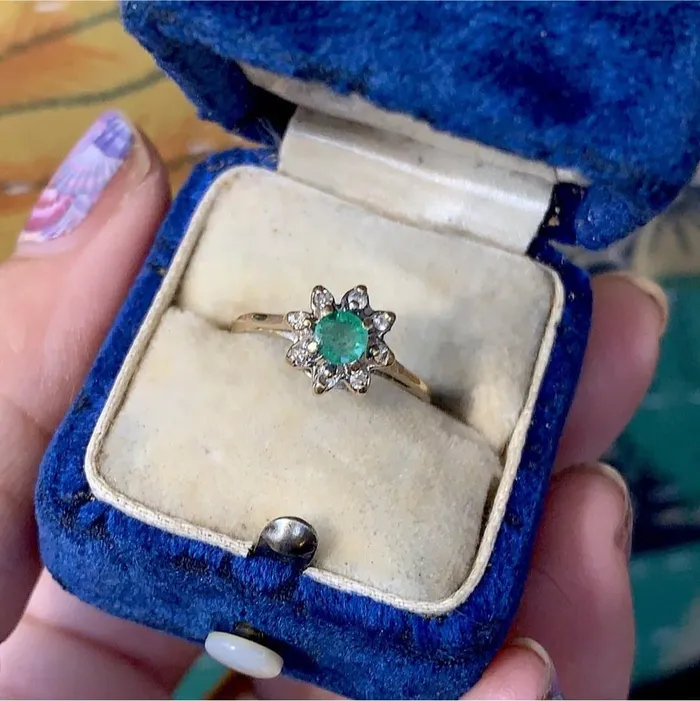 Love Vintage Paris Rings Emerald Diamond Flower Ring 10k Gold Vintage