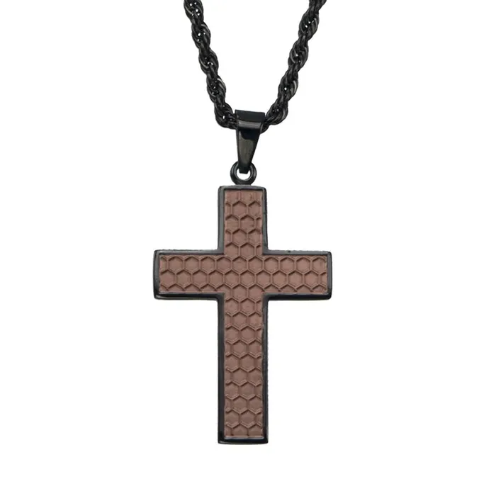 Necklaces Brown and Black Stainless Steel Honeycomb Cross Pendant INOX JEWELRY Necklaces Brown and Black Stainless Steel Honeycomb Cross Pendant INOX JEWELRY