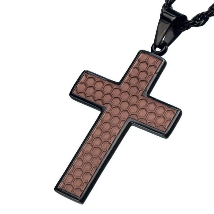 Necklaces Brown and Black Stainless Steel Honeycomb Cross Pendant INOX JEWELRY