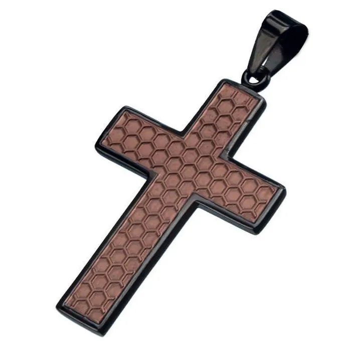 Necklaces Brown and Black Stainless Steel Honeycomb Cross Pendant INOX JEWELRY
