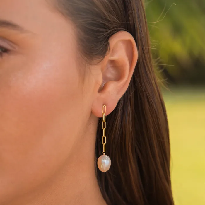 Pink Pearl Paperclip Stud Earrings MishaHawaii Earrings