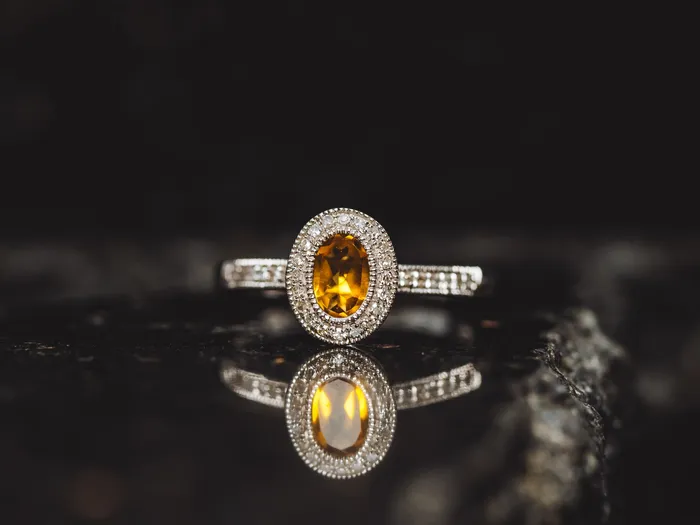 Prins Co Rings 14k White Gold Citrine and Diamond Halo Ring