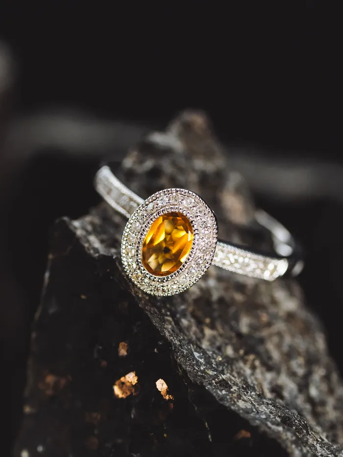Prins Co Rings 14k White Gold Citrine and Diamond Halo Ring