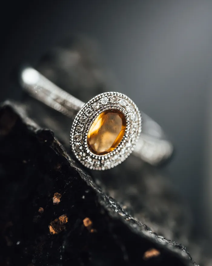 Prins Co Rings 14k White Gold Citrine and Diamond Halo Ring