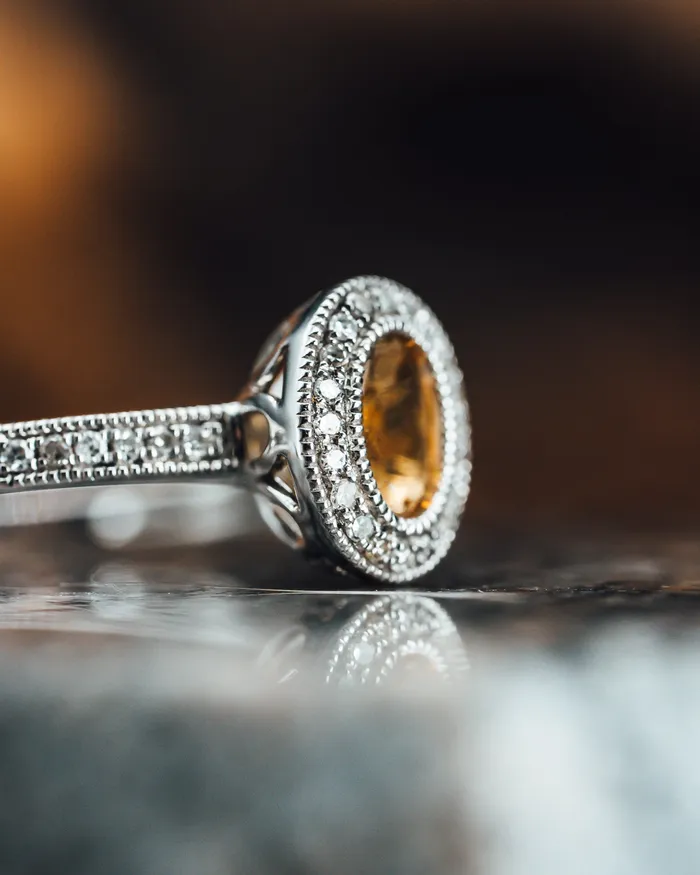 Prins Co Rings 14k White Gold Citrine and Diamond Halo Ring